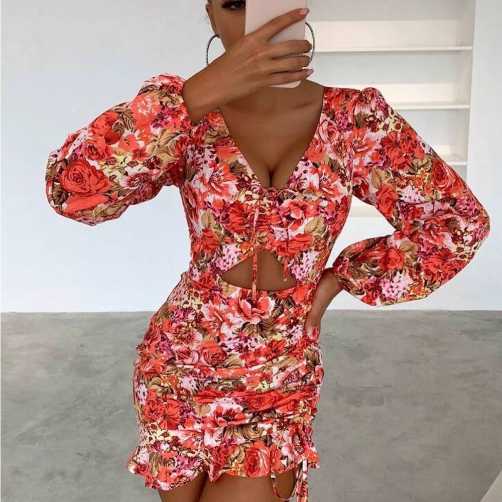 NWT SHEIN Joyfunear V-Neck Drawstring Detail Long Sleeve Women Dress
